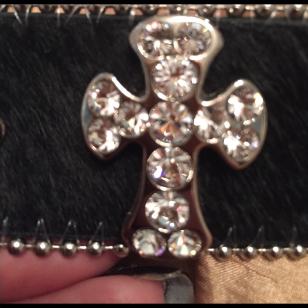 Black Cowhide Leather Belt With Silver And Crystal Cross Embellishments